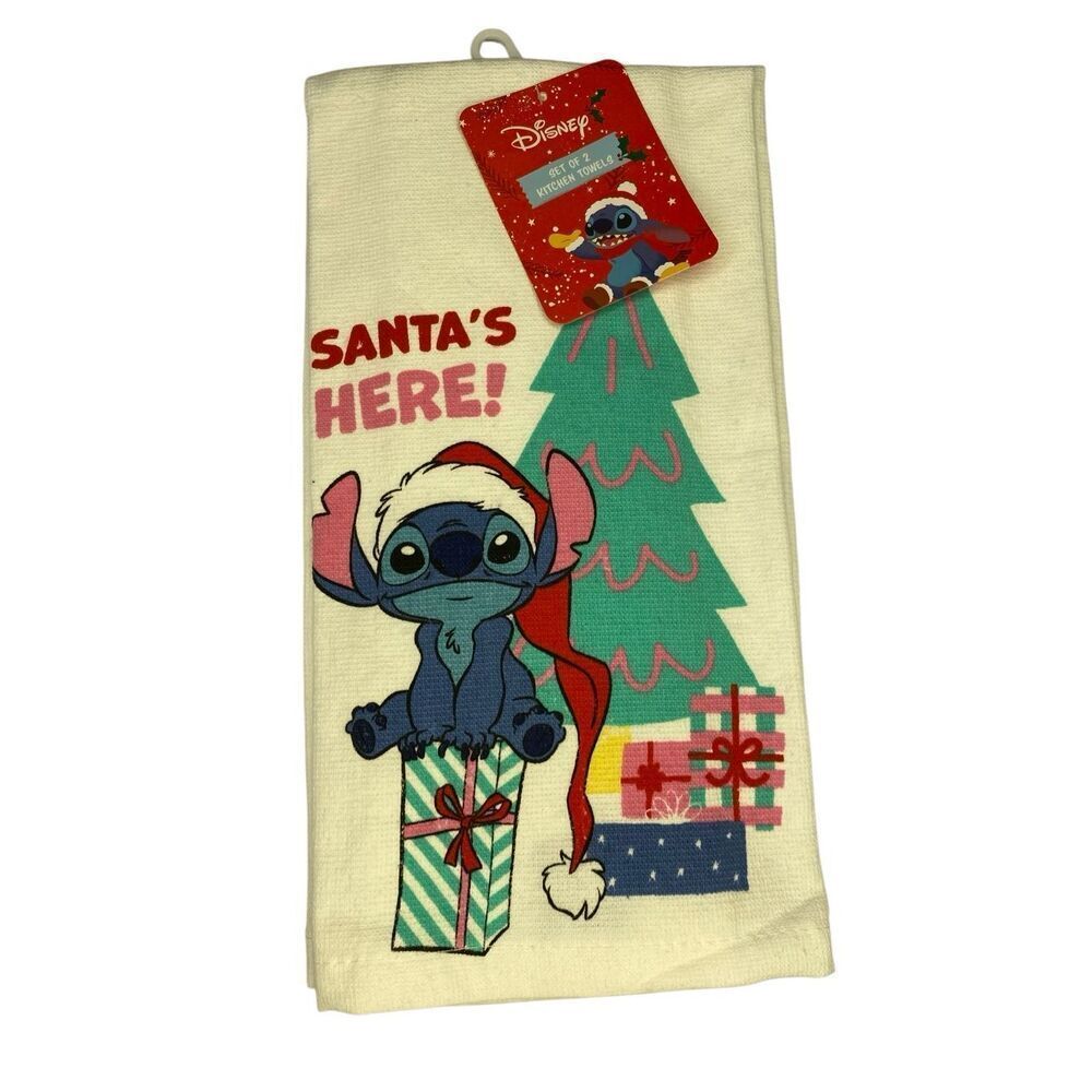 Disney Stitch Santa’s Here Christmas Kitchen Towels Set Of 2 18x28 Holiday